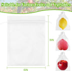 Morcheiong 60pcs Reusable Netting Mesh Bags - 6" x 8", Garden Fruit Protection with Drawstring (White)