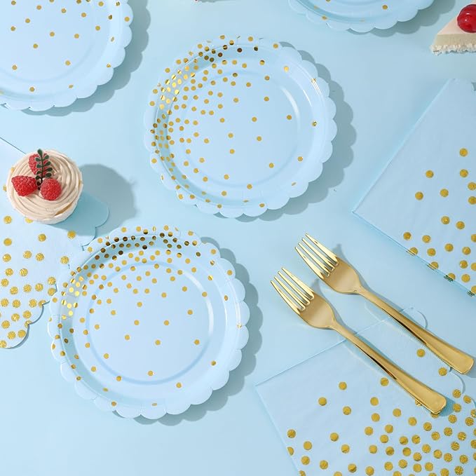 Light Blue Paper Plates and Napkins Party Supplies, Disposable Gold Dot Dessert Plates and Scalloped Napkins for Blue Party Decorations, Serves 35 Guests