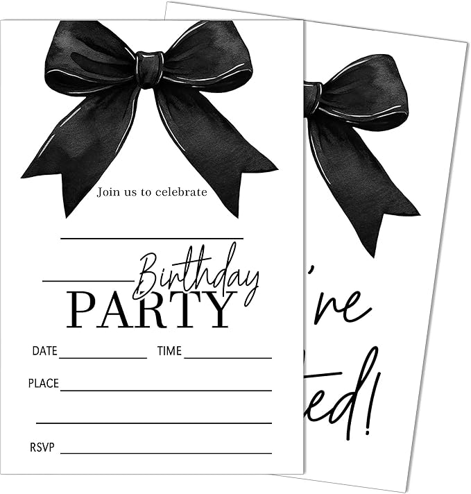SIXEIGHT Black Bow Birthday Invitations, Black Ribbon Bow Birthday Party Invitations, 20 Party Invitations with Envelopes for Girls Boys, Birthday Party Favor & Decoration (4"x6")-A11