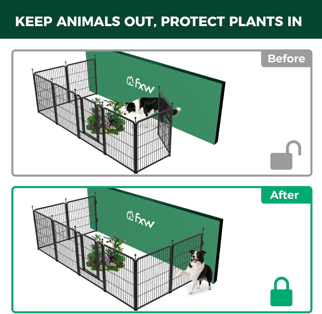 FXW Garden Fence Outdoor for The Yard – 32in(H) x 18.2ft(L) Heavy Duty Metal Animal Barrier for Dog and Rabbit, Decorative Dog Fence with Fence-to-Wall Anchor (Pack of 4), 8 Panels, Black