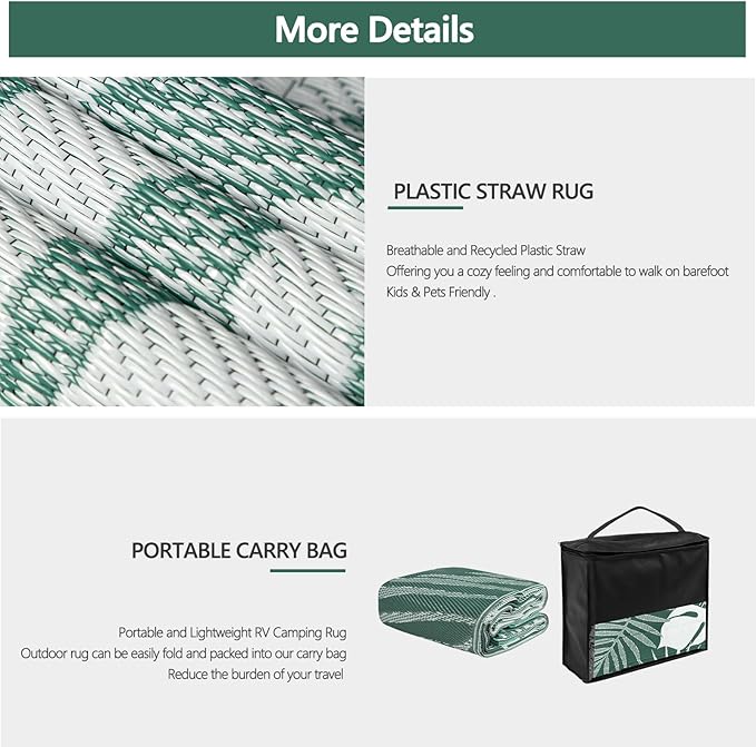 Waterproof Outdoor Rug 6x6 ft, Reversible Plastic Straw Mat with Leaf Pattern, Round Floor Mat for Patio, Camping, Picnic, Backyard RV, Deck, Dark Green