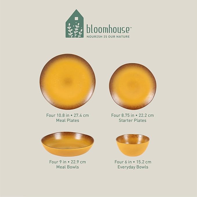 Bloomhouse Palermo Sun Double Bowl Stoneware Reactive Glaze Plates and Bowls Dinnerware Set - Tumeric Yellow, Service for Four (16pcs)