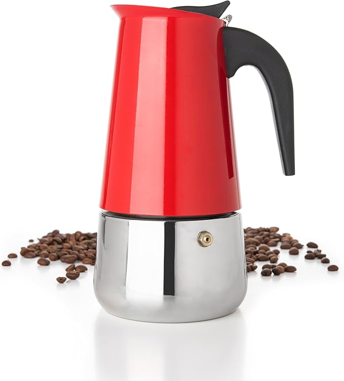 Mixpresso Red 6 Cup Greca Stovetop Espresso Pot 300ml/10oz, Moka Pot with Coffee Percolator Design, Stainless Steel Stove Top Coffee Maker for Camping or Home Use,Italian Stovetop Espresso Maker