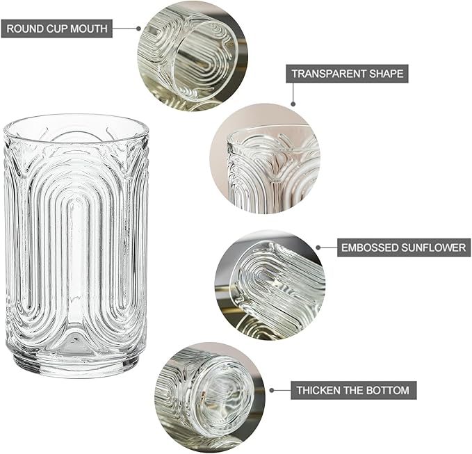 INSETLAN Set of 12 Vintage Glassware - 14 oz Water Drinking Glasses, Art Deco Ripple Glass Cup, Cocktail Glasses, for Bar Beverages, Iced Coffee, Juice, Housewarming Presents, New House Essentials