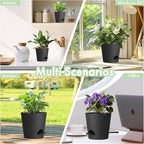 WSMKSZ 4 inch Self Watering Pots for Indoor Outdoor Plants, 6 Pack Plastic Flower Planters with Drainage Holes and Removable Saucers, Plant Pots with Wicking Rope, Modern Decor, Black