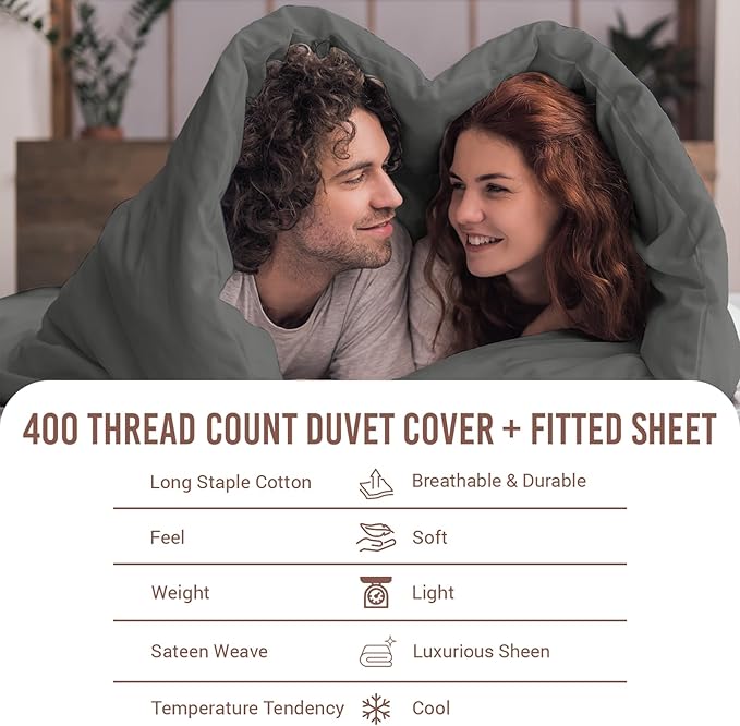Pizuna 100% Cotton Queen 3 Pc Duvet Cover + 1 Pc Fitted Sheet Set 400 Thread Count Dark Grey Sateen Weave Luxurious Long Staple Cotton 4 Piece Bedding Set -1 Duvet Cover,2 Pillow Shams,1 Fitted Sheet