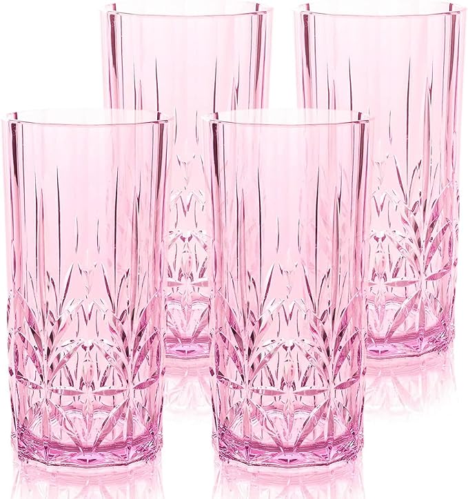 BELLAFORTE Shatterproof Tritan Tall Tumbler, Set of 4, 18oz - Myrtle Beach Drinking Glasses - Unbreakable Plastic Drinking Glasses for Gifting, Parties, New Year - BPA Free - Dishwasher Safe - Pink