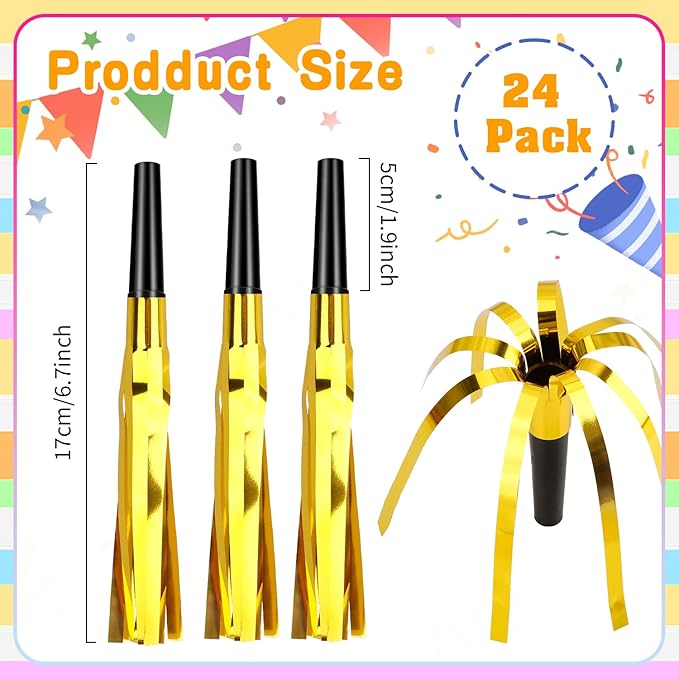 Noise Makers, 24 PCS Gold Noise Makers, Glitter Metallic Fringed Party Blowers Noisemakers Horns for Adults for Birthday Sporting Events Christmas 2025 New Year Eve Party Favor Supplies Decorations