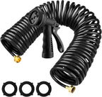 Pangda 25 Ft x 3/8'' Coil Garden Hose EVA Recoil Garden Self Coiling Expanding Water Hose with 6 Function Spray Nozzle Universal 3/4'' Brass Connector Fitting for Outdoor Yard(Black)