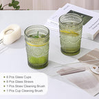 Vintage Glassware Drinking Glasses Set of 6,13 oz Green Textured Flower Design Glass Water Tumblers，Embossed Striped Drinkware for Water,Cocktails,Juice,Iced Coffee