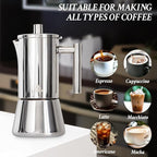 Stovetop Espresso Maker, 6Cup 10 oz Moka Pot, Stainless Steel Cuban and Italian Coffee Maker for Cafetera Cubana, Greca De Cafe Induction Stovetop Compatible, Coffee Gift for Home Travel