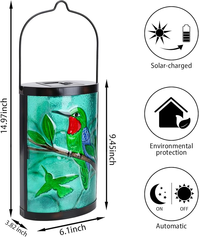 Hanging Solar Lantern Outdoor Waterproof Hummingbird Solar Lights Glass Tabletop Decorative Lamp for Outdoor Patio Garden Outside Yard Decor