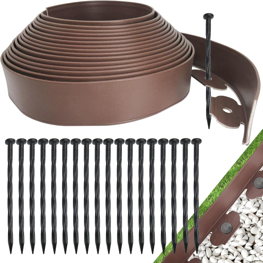 Landscape Edging Border, Plastic Edging for Landscaping, Garden Edging Border,Lawn Edging,Garden Borders,Flower Bed Edging no dig,Rubberific Landscape Edging, (Plastic Stakes, Brown-66Feet)
