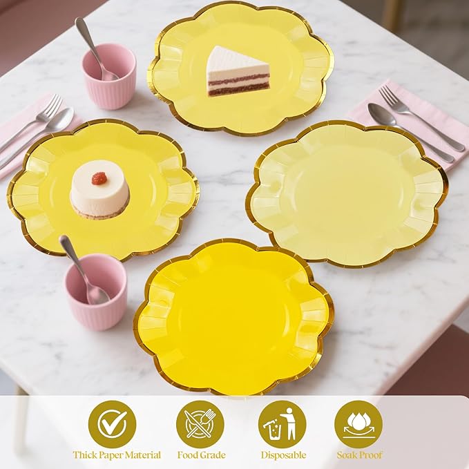 48Pcs Yellow Scalloped Party Plates - 7inch Gold Foil Gradient Yellow Dessert Paper Plate Disposable Cake Plates for Birthday Bridal Baby Shower Wedding Party Decorative Supplies