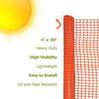 Ashman Plastic Mesh Fence, 4'x50' Feet, 1 Roll, Orange, Construction Barrier Netting, Garden Fencing, Fences Wrap, Above Ground, for Snow, Poultry, Chicken, Deer, Patio, Garden Netting, Orange 50FT.