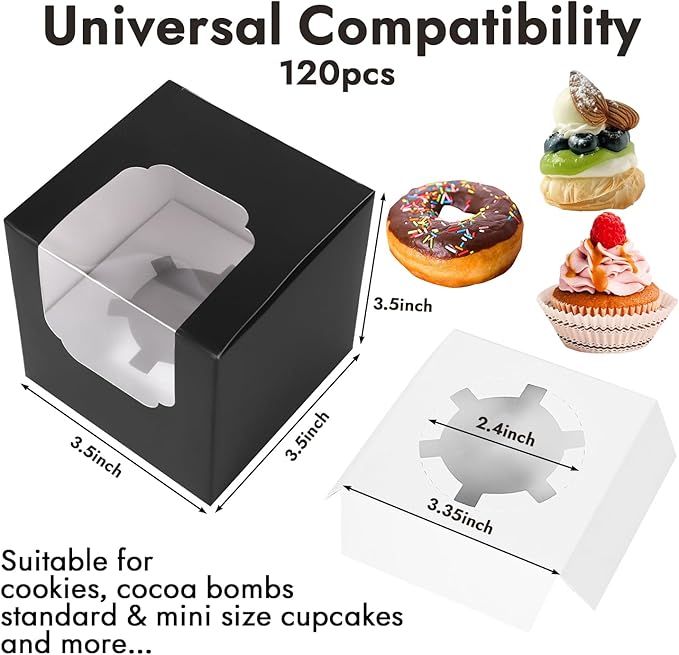 JCD 120 Boxes+120 Inserts Black Cupcake Boxes Individual Cupcake Container 3.5" x 3.5" x 3.5" Auto-Pop up Single cake Box for Bakery Gift Giving (Black/120Pcs)