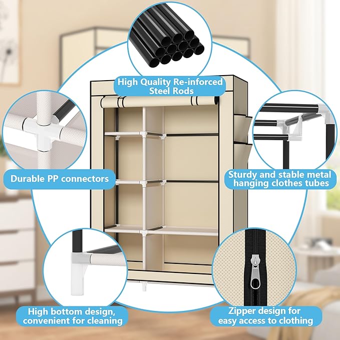 Calmootey Portable Closet Organizers, Clothing Storage, Wardrobe with 6 Shelves and Hanging Rod, Non-Woven Fabric Cover with 4 Side Pockets, Beige