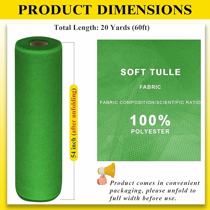 54" by 20 Yards Green Tulle Fabric Rolls - Tutu Spool Bolt for DIY Wedding, Christmas Decoration, Baby Shower, Tutu Skirt, Gift Wrapping - Large Matte Tulle, Roll Packaging (Emerald Green)