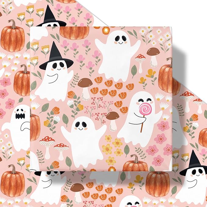 LeZakaa Pink Halloween Wrapping Paper Roll, Cute Ghosts Pumpkins Fall Florals in Pink Spooky Design Trick-or-Treat Gift Wrap for Girls, Kids, Soft Aesthetic Halloween Gifts, Mini Roll 17 in x 16.4 Ft