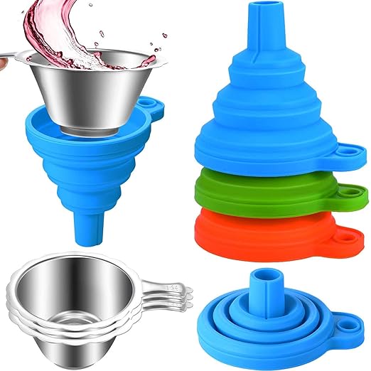 Boao 6 Pack Resin Funnels Filter 3D Printer Accessories Include Collapsible Silicone Funnels and Stainless Steel Filter Cups for Pouring Resin Back into Bottle(Blue, Orange, Green)