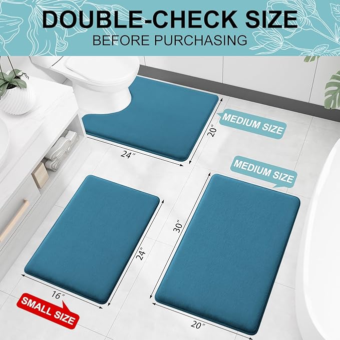 Smiry Memory Foam Bath Mat 47x32, Extra Soft and Absorbent Bathroom Mats, Non Slip Washable Carpet for Floor, Shower and Tub, Peacock Blue