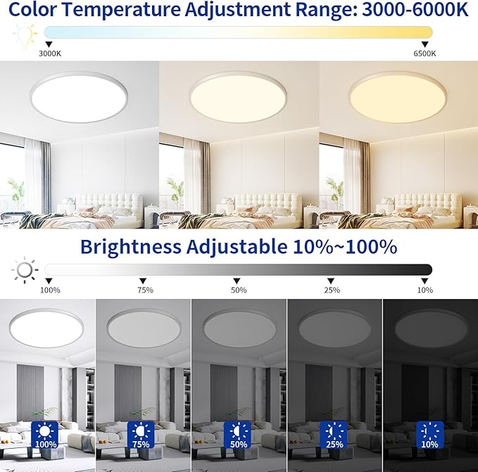 Modern 20'' Led Ceiling Light Fixture, Ultra Thin Flush Mount, Dimmable with Remote Control, 48W, 4800Lumen, Silver, Round, for Bedroom, Living Room, Kitchen, Dining Room, Home Office