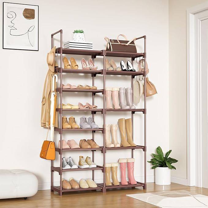 ROJASOP Shoe Rack Organizer, 8-Tier Metal Shoe Rack for Closet Entryway Garage, 26-32 Pairs Tall Shoe Boot Storage Shelf with 15 Hooks, Stackable Large Shoe Stand, Brown