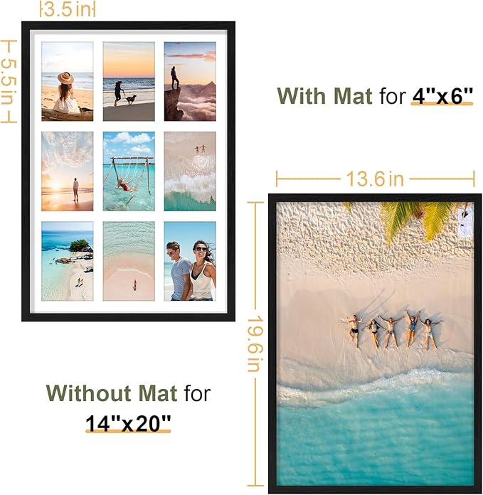 Vittanly 14x20 Collage Picture Frame, Displays 9Pcs 4x6 Pictures with Mat, Picture Frames Collage Wall Decor for Horizontal or Vertical Display, Black, 1 Pack