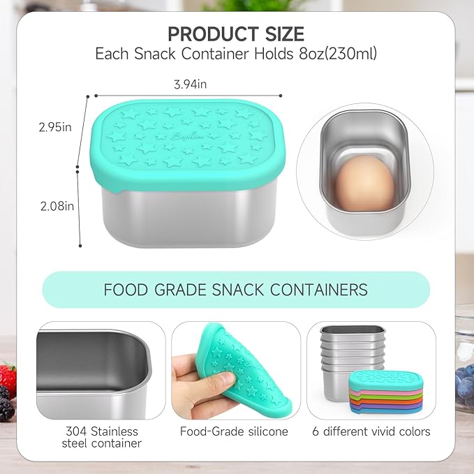 SOPHICO Stainless Steel Snack Containers for Kids, 8 oz Small Food Storage Container 1 Cup with Silicone Lid - Perfect 304 Metal Toddler Lunch Box for Daycare and School, Leak Proof (8oz, 6 Pack)