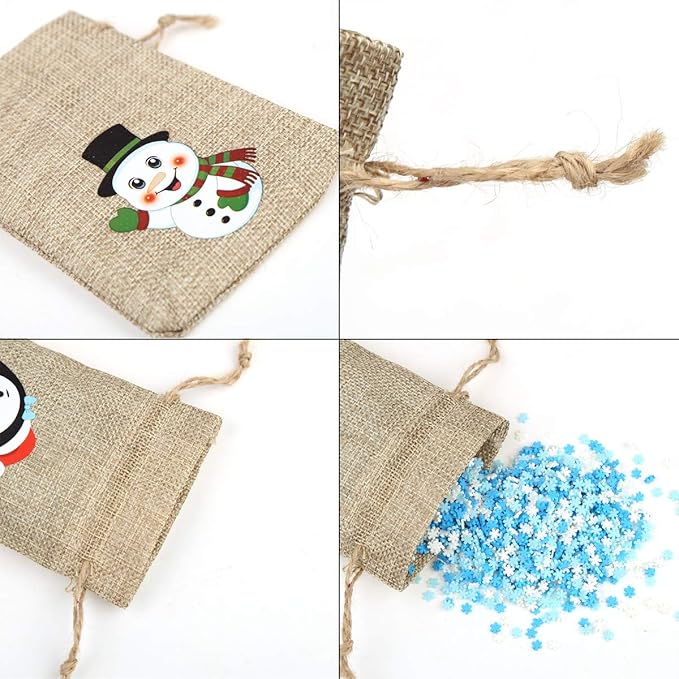CCINEE 36pc Christmas Linen Bags with Drawstrings Christmas Burlap Goody Gift Bags with Double Jute Drawstrings, 4 designs Snowman, Santa Claus, Penguin and Reindeer