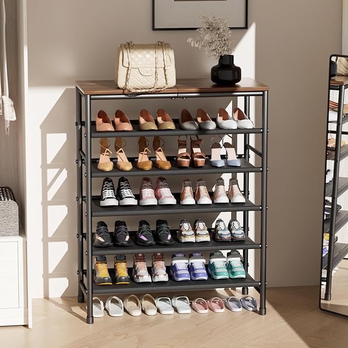 Mavivegue Metal Shoe Rack, 5 Tier Shoe Organizer with MDF Board and Non-Woven Fabric, Shoe Rack for Entryway and Closet,Industrial, Rustic Brown
