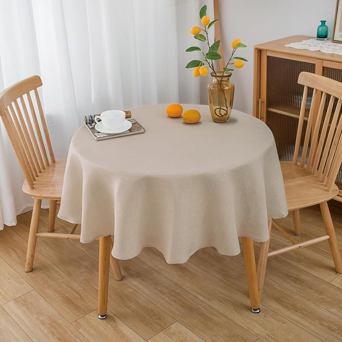 NLMUVW Round Linen Tablecloth 48 Inch - Textured Table Cloth Water Resistant Farmhouse Burlap Rustic Table Cover for Kitchen Dining Café,Champagne