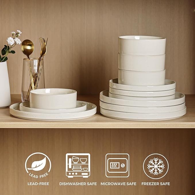 GBHOME Dinnerware Set for 4, 12 Piece Speckled Plates and Bowls Set with Glazed Bottom, Chip & Scratch Resistant Stoneware Plates Sets, Dishwasher & Microwave Safe Dishes (Mutil-Color, Service for 4)