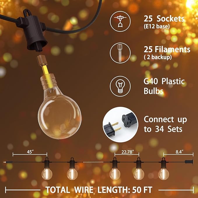 Outdoor String Lights 50 ft, LED Grobe Patio Lights with 27（25+2 Spare G40 Shatterproof Bulbs, IP 65 Waterproof, Outside Hanging Light for Cafe Bistro Backyard