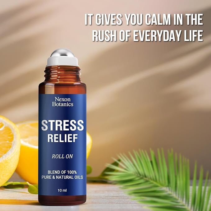 Stress Relief Essential Oil Roll-On Blend 10 ml - Natural Stress Relief with Lavender, Geranium & Frankincense Oils Roller - Pure & Calming Aromatherapy - Nexon Botanics