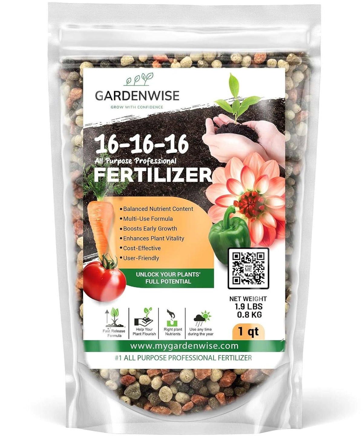 16-16-16 All Purpose Professional Fertilizer - Lawn, Flower, Tree, Shrub & Vegetable Garden Fertilizer (1 Quart)