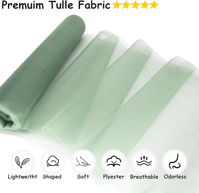 Tulle Fabric Rolls, 54 Inch by 10 Yards (30 ft) Tulle Ribbon for Wedding Party Decoration Sheer Fabric Spool Bolt, Ceiling Decor, Tutu Skirt, Christmas Gift Wrapping, Soft & Drape (Sage Green)
