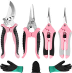 4 Packs Garden Pruning Shears Stainless Steel Blades Handheld Pruners Set with Gardening Gloves(Pink)