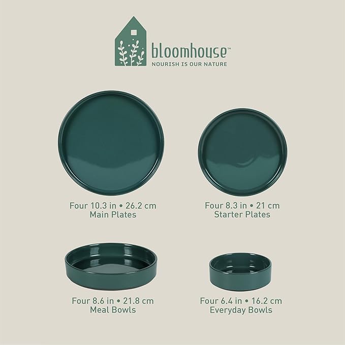 Bloomhouse Santorini Mist Double Bowl Terracotta Reactive Glaze Plates and Bowls Dinnerware Set - Jade Blue Green, Service for Four (16pcs)
