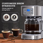 Taylor Swoden 12-Cup Programmable Coffee Maker, Regular & Strong Brew Drip Coffee Machine for Home and Office, Glass Carafe, Pause & Serve, Auto Shut Off, Gray & Stainless Steel
