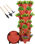Vertical Planter 7 Tier Stackable Planters Garden Planters Strawberry Herb Flower and Vegetable Planter Indoor Outdoor Gardening Pots with Removable Wheels and Tools