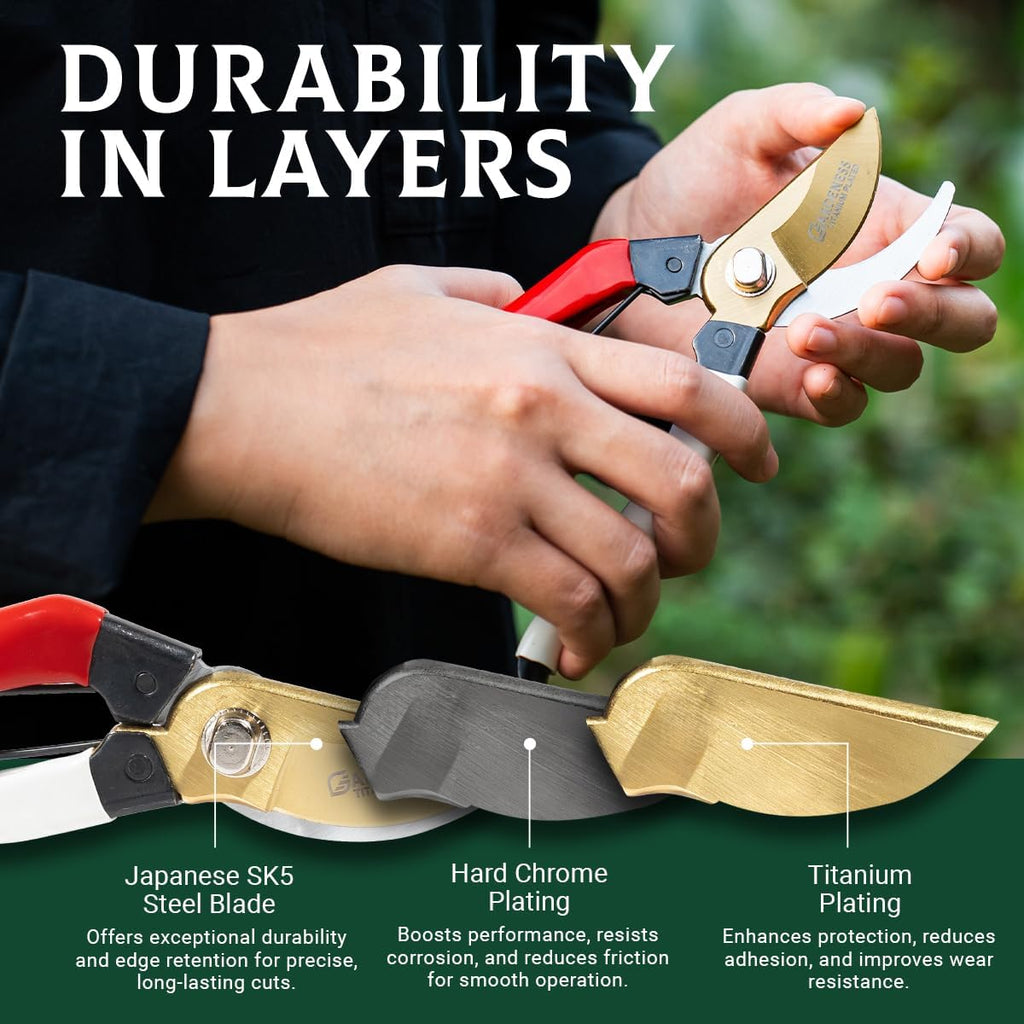 Gardeness Titanium Plating Japanese Pruning Shears, Professional Bypass Heavy Duty Garden Pruner Secateurs – Lightweight Easy Grip Branch Clippers Hand Pruners for Gardening, Trimming, Harvesting.