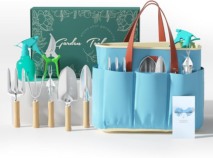 VerdantVibes 9-Piece Garden Tool Set - Heavy Duty Gardening Hand Tools with Ergonomic Non-Slip Grips, Rust-Resistant Shovel, Trowel, Rake, Pruner & Storage Bag - Ideal Gardening Gifts for Women