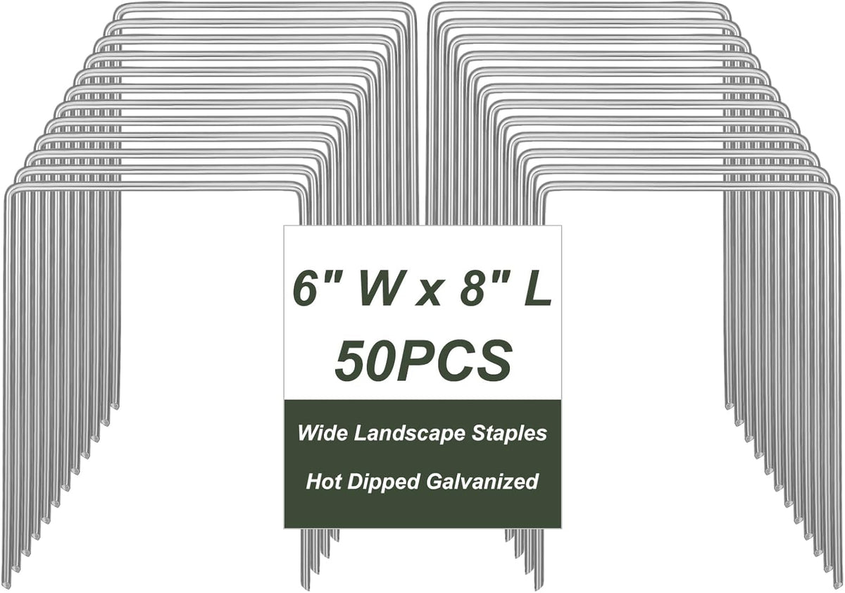 50 Pack Heavy Duty Wide Landscape Staples, 7 Gauge Galvanized Steel Turf Stakes Garden Stakes Bulk, U Type Anchor for Grass, Securing Weed Barrier Fabric, Pipes, Sod (8"x6")
