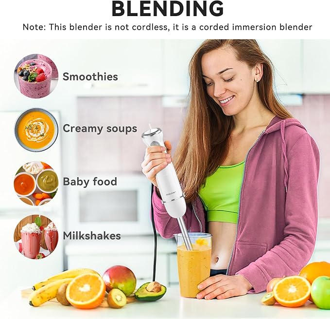 Immersion Blender Handheld 5 in 1 Hand Blender, 1000W Hand Mixer Stick, BPA-Free 12 Speed Handheld Blender with Mixing Beaker, Chopper, Whisk and Milk Frother for Soup, Sauce, Baby Food (White)