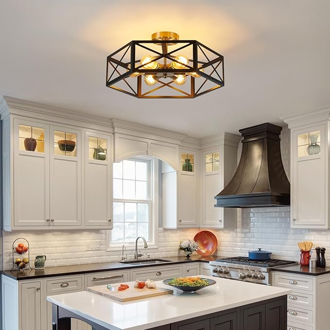 6 Light Semi Flush Mount Ceiling Light, Black Gold Ceiling Light, Industrial Hallway Light Fixtures Ceiling Mount, Modern Metal Hexagon Cage Ceiling Lamp for Kitchen, Bathroom