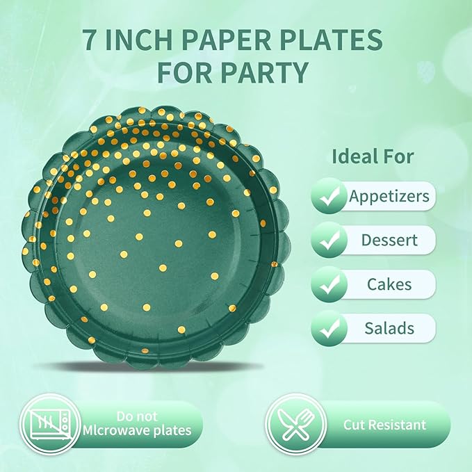 105PCS Green Plates and Napkins Party Supplies, Green and Gold Birthday Party Decorations, 7” Dessert Paper Plates for Wedding Baby Shower Graduation Decorations, Serves 35