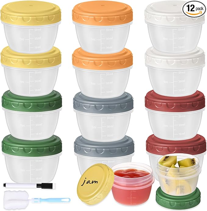 12pcs 2 oz Salad Dressing Container, Reusable Condiment Containers Sauce Cups with Leak-proof Lids, Small Plastic Food Storage Dip Containers for Lunches, Freezer, Microwave & Dishwasher Safe