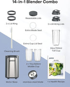 Ganiza Smoothie Blenders, 14Pcs Personal Blender for Shakes and Smoothies for Kitchen with 3 Portable Blender Cups (1x24oz & 2X17oz), Single Serve Smoothies Maker for Juices, Nutritious Recipe Grey