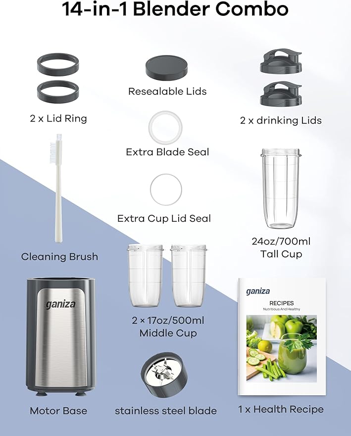 Ganiza Smoothie Blenders, 14Pcs Personal Blender for Shakes and Smoothies for Kitchen with 3 Portable Blender Cups (1x24oz & 2X17oz), Single Serve Smoothies Maker for Juices, Nutritious Recipe Grey